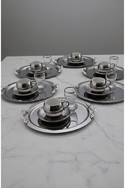 SİNİ Kulp Aksesuarlı Paslanmaz Çelik 6 Adet Yuvarlak Lüx Gümüş Kahve, Çay Sun...