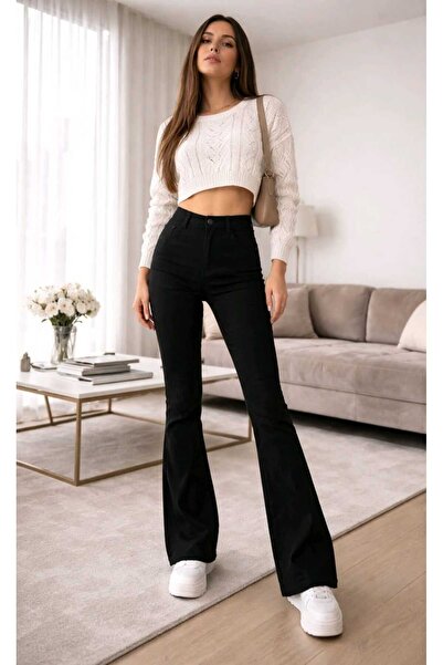 NWC بنطلون جينز نسائي أسود عالي الخصر بأرجل واسعة