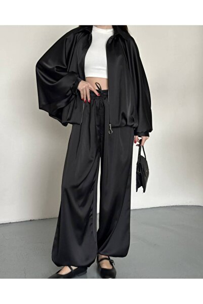 moda çağdaş Μπουφάν με φερμουάρ oversized από σατέν ύφασμα σε μαύρο χρώμα