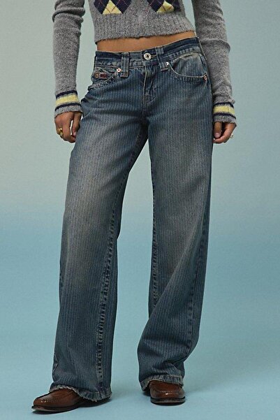 september island Jasika Şerit Çizgili Dumanlı Mavi Renk Düşük Bel Pantolon