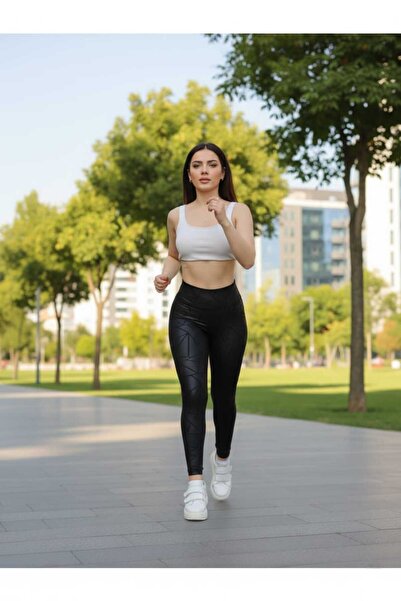 Dropcek eticaret Leggings negri pentru femei, cu talie înaltă, cu model geome...