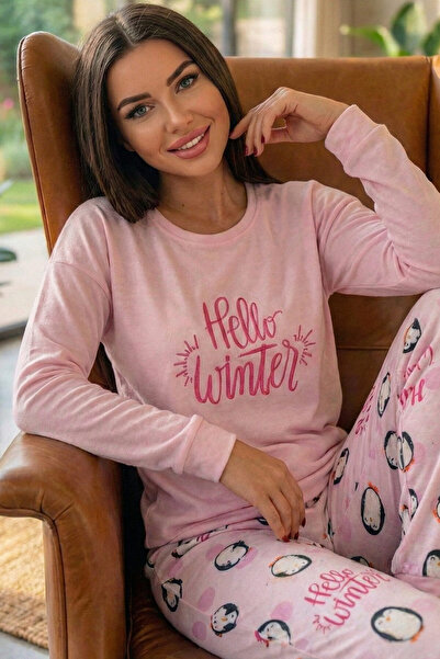 Pijamaevi Pembe Penguen Winter Desenli Termal Kadın Pijama Takımı