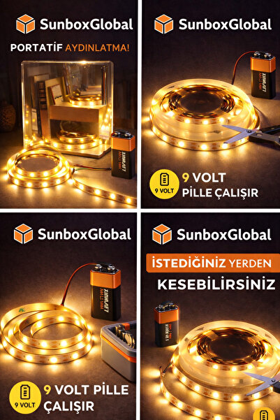 Sunbox Pili yapışkanlı 2 Metre günışığı Pilli Şerit Led (PİL DAHİL)