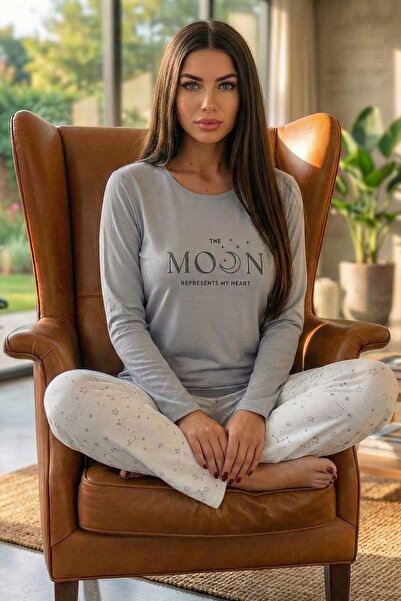 Pijamaevi Gri Moon Desenli Uzun Kollu Bambu Örme Kadın Pijama Takımı