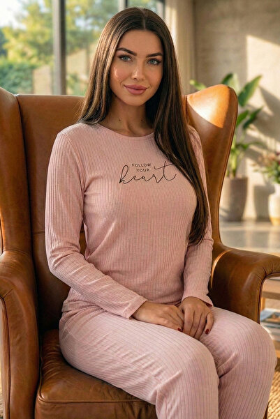 Pijamaevi Pudra Heart Desenli Uzun Kollu Dublin Örme Kadın Pijama Takımı