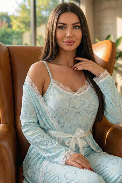 Pijamaevi Mavi Çizgi Çiçek Desenli Sabahlıklı Pegasus Pijama Takımı