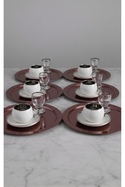 SİNİ Paslanmaz Çelik 6 Adet Yuvarlak Lüx Bakır Kahve, Çay Sunum Servis Tepsisi