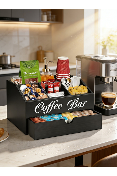 Leon Lifestyle منظم زاوية قهوة خشبي مع درج من ليون هوم، صندوق تخزين كبسولات ا...