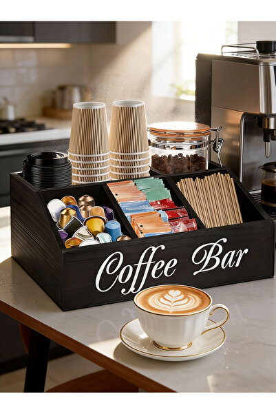 Generic صندوق تخزين قهوة ليون هوم مع مقصورات، منظم خشبي لمحطة القهوة - أسود