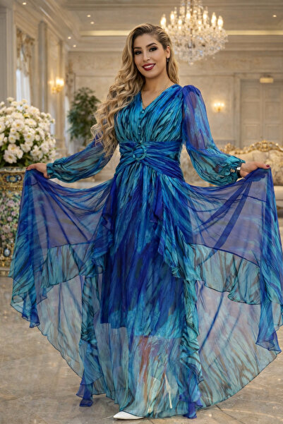 Yeşilmoda Abiye Elbise Kadın Giyim Mavi Kristal Şifon Abiye Elbise – Saten As...
