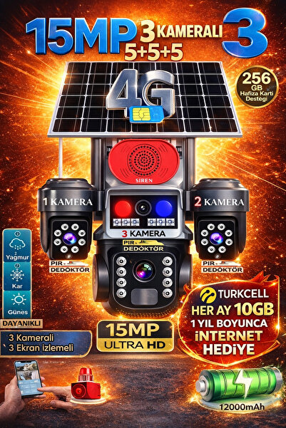 TRCharger 3 Kameralı 15MP Güvenlik Kamerası | Kırmızı & Mavi LED| Her Ay 10GB...
