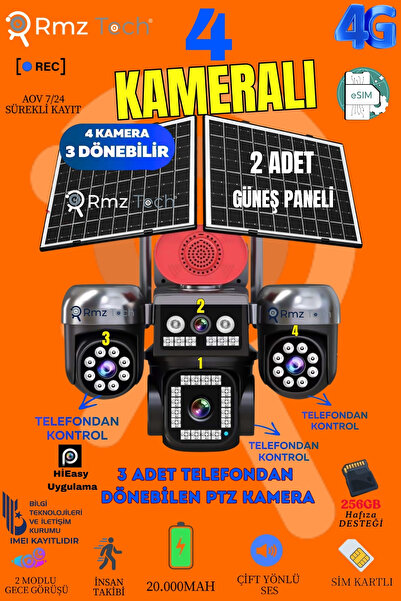 RMZTECH Avenir 4 Kameralı (3 Motorlu+ 1 Sabit) 8MP E Sim 4G Sim Kartlı Solar ...