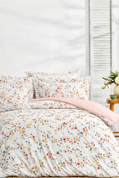 İQON Комплект калъфи за завивка с еластичен чаршаф - Двоен с ботаническа сьомга