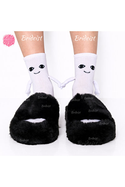 BRIDEIST WEDDING CO Black Furry Slippers | Black Feathered Bridal Slippers | ...