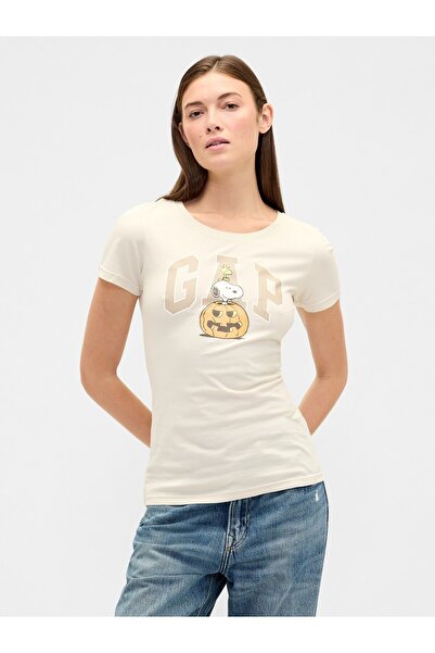 GAP Kadın Bej Peanuts Logo T-Shirt