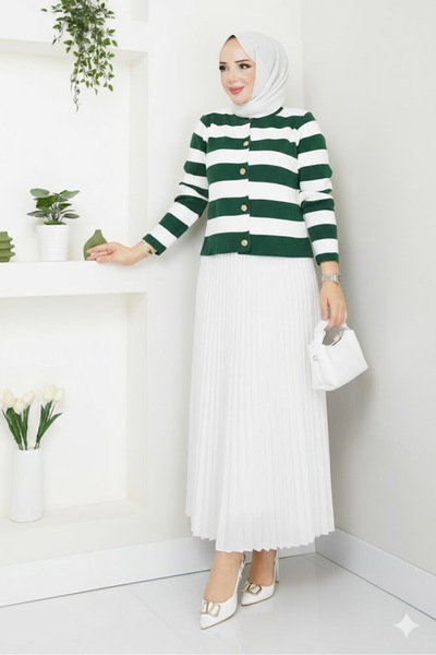 RFK Butik Γυναικείο Σετ Ριγέ Τρικοτόπλεγμα Χιτζάμπ με Λεπτομέρεια με Κουμπιά ...