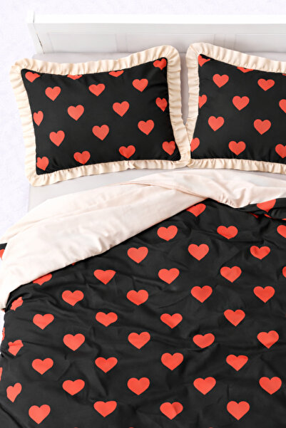 GÖRMEZ TEKSTİL طقم غطاء لحاف ليلى مزدوج من القطن الناعم - أسود مع كشكشة