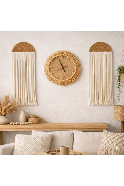 AYBÜK PABUÇ MAKROME DUVAR SÜSÜ VE BOHEM TARZ HASIR DUVAR SAATİ 3 LÜ SET