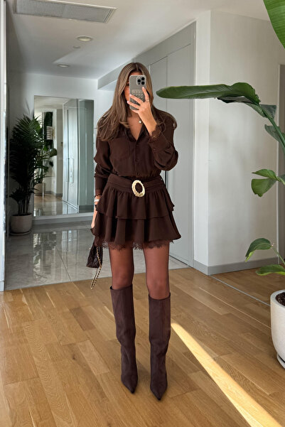 SHILSEE BEUTİQUE Women's Shirt Collar Lace Detail Gold Belted Mini Dress Brown