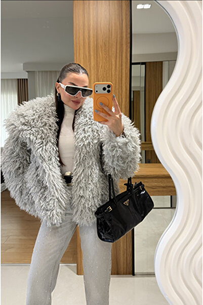 Perry Boutique Gray Premium Quality Fringed Long Fur Faux Fur Coat Jacket