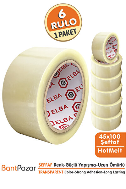 BantPazar 45x100 ELBA 6 Adet Koli Bandı Şeffaf | Hotmelt Güçlü Yapışkanlı Amb...
