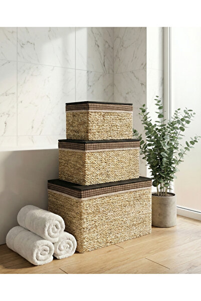 SepetçiBaba Hasır Yatay 3'lü Çamaşır Sepeti Çok Amaçlı Sepet Krem