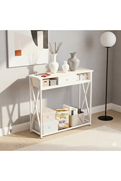Luxury Home طاولة وحدة تحكم المدخل مع خزانة، 100×30×90 سم، أبيض، مع قاعدة شحن