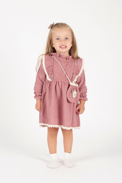 Nehirim Kids Girl's Seasonal and Winter Pink Salopet Dress with Bag and Lace (2-3-4-5 Years)