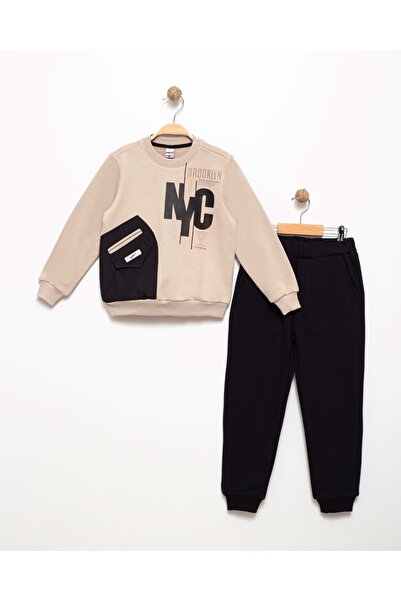 s.t. sebat tekstil Boy's Printed Pocket Detail Style Tracksuit Set Beige