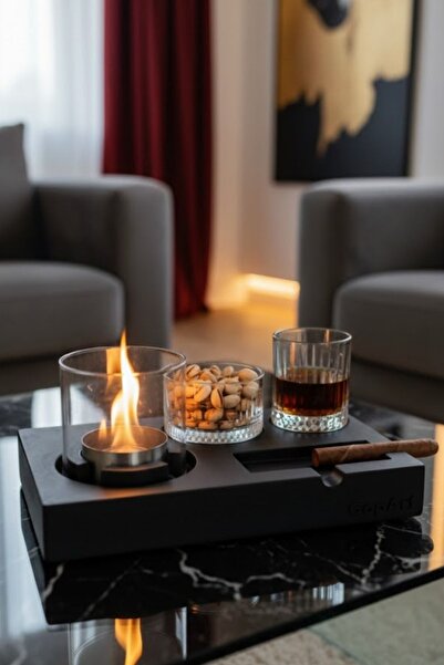 CopArt Elza Şömineli Viski ve Puro Tepsisi - 1 Lt Yakıt Hediyeli