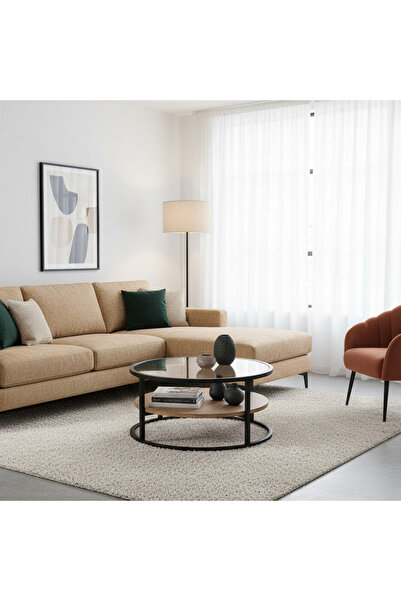 EXPERT طاولة قهوة دائرية مع سطح زجاجي وإطار معدني أسود