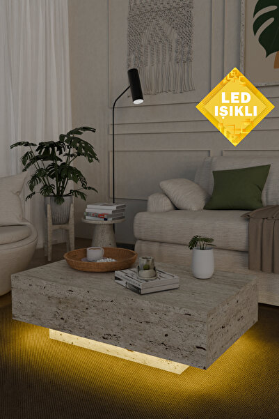 Estoria Home Terra Led Işıklı Traverten Desen Dikdörtgen Orta Sehpa Uçan Yeni...