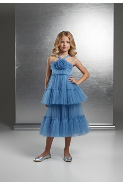 kent of kıds Κοριτσίστικο βραδινό φόρεμα με λουράκια, απλικέ λουλούδια, επένδ...