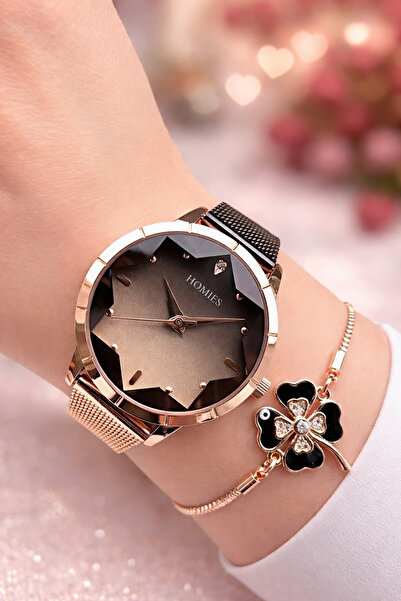 Homies Kadın Kol Saati ve Bileklik-Rose Gold ve Siyah Şık Tasarım Sevgililer ...