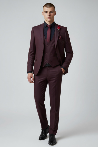 AtlasGiyim Costum pentru bărbați, culoare burgundy, cu vestă slimfit cu broderie