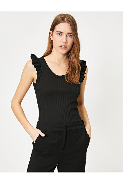 Koton Women's Black Shoulder Ruffle Detailed Blouse