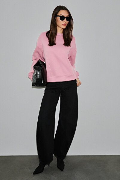 GRIMELANGE Serenya Women's Cotton Label Detailed Crew Neck Pink Sweatshirt