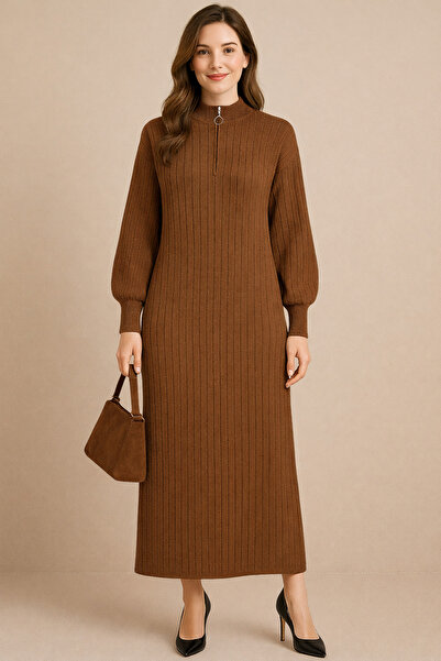 semela New Season Long Dress with Ribbed Zipper Detail (130 Cm.)