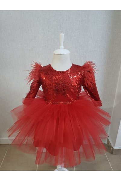 Kidstore Fusta pentru fete Rochie cu mânecă lungă cu pene