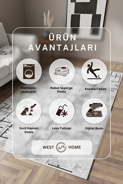 West Home Dijital Baskı Yıkanabilir Kaymaz Taban Salon Halısı Mutfak Halısı Yolluk