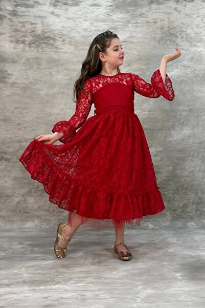 ABİYEKİDS Детска вечерна рокля от дантела в червено ABY6661