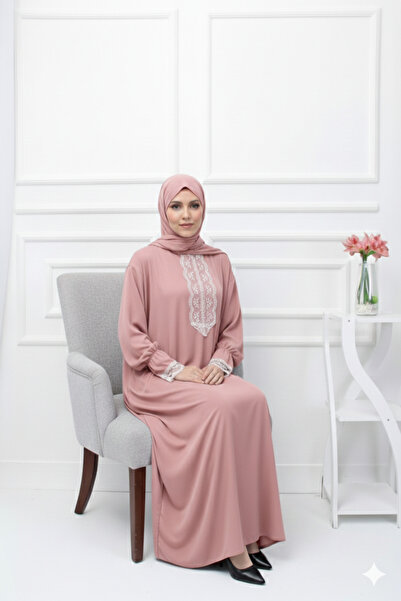 Kutay Collection Tek Parça Başörtülü Dantelli Kadın Namaz Elbisesi