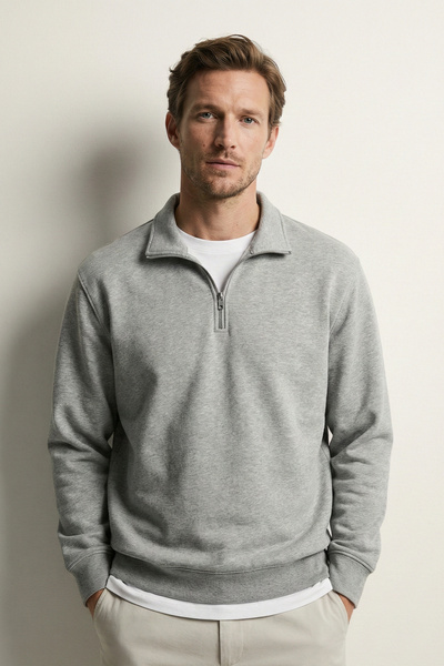 Elemge Βαμβακερό ανδρικό φούτερ Γκρι Soft Touch Relax Fit Μισό φερμουάρ Σταντ...