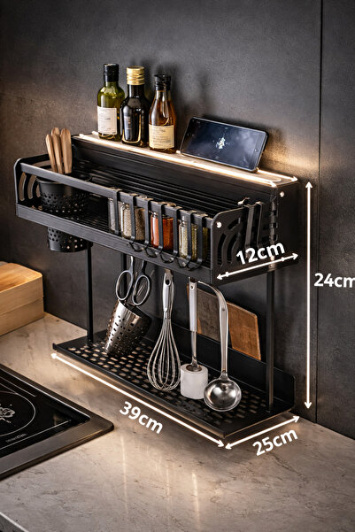 OEM Suport metalic de bucătărie, montat pe perete, organizator de ustensile, 39 cm, 6 cârlige, negru