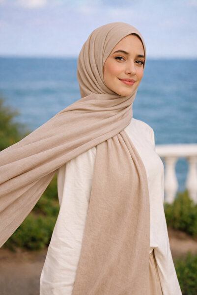 Jusmart Bambu Kraş Pamuklu Şal ◇ Açık Vizon ◇ Ütü Gerektirmeyen Kırışık Doku◇...