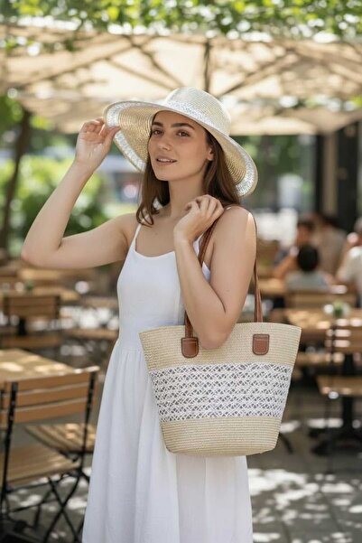 Aware Time Set de 2 pălărie Fedora de paie și geantă de plajă din paie