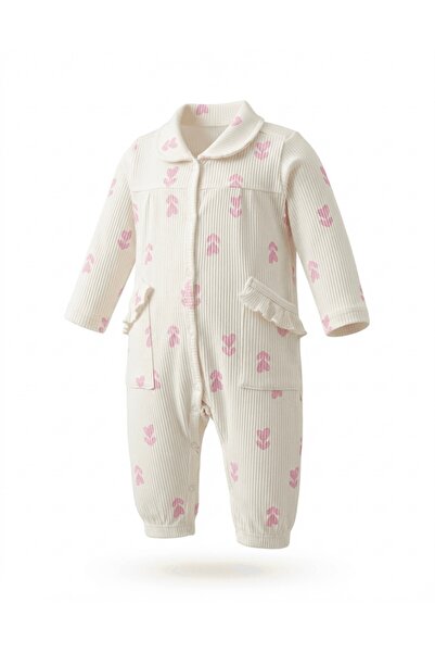 Necix's Pembe Kalp Çiçekli Yanları Cepli Çıtçıtlı Kız Bebek Tulum