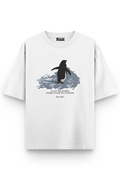 3 ROPE Lonely Penguin Why Not Printed Oversized Unisex T-Shirt T-Shirt White