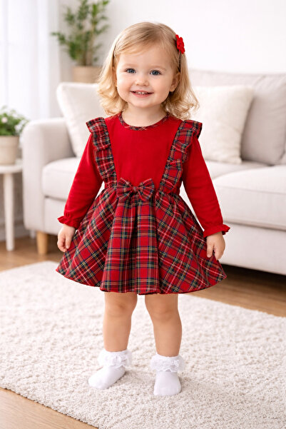 Beniizle Fiyonk Detaylı Ekoseli 2 İp Şardonlu Alttan Çıtçıtlı Kız Bebek