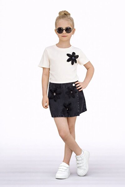 RAPAPA Комплект от тениска с флорални мотиви и дънкова пола за момиче - лятна...